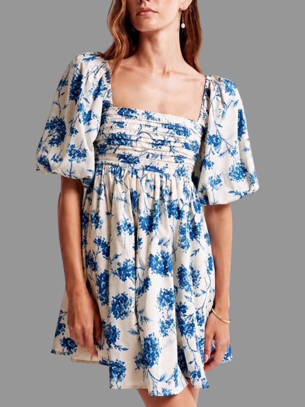 Abercrombie & Fitch Emerson Poplin Puff Sleeve Mini Dress Floral Blue Medium